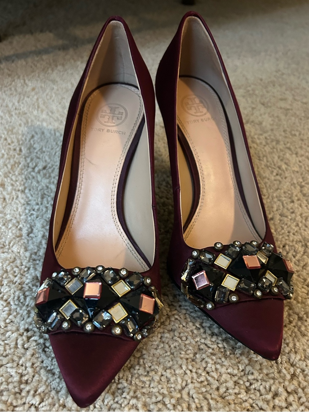 Tory Burch Women's Embellished Pointed-Toe Pumps - Burgundy size 8